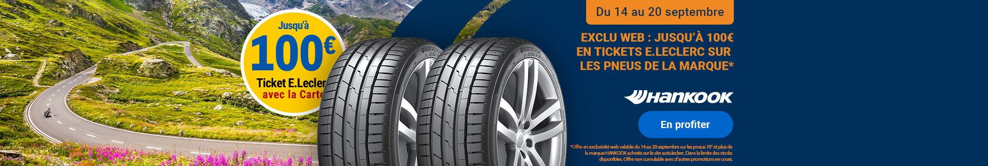 Exclu Web Hankook : jusqu'à 100€ en ticket e.leclerc du 14 au 20 septembre